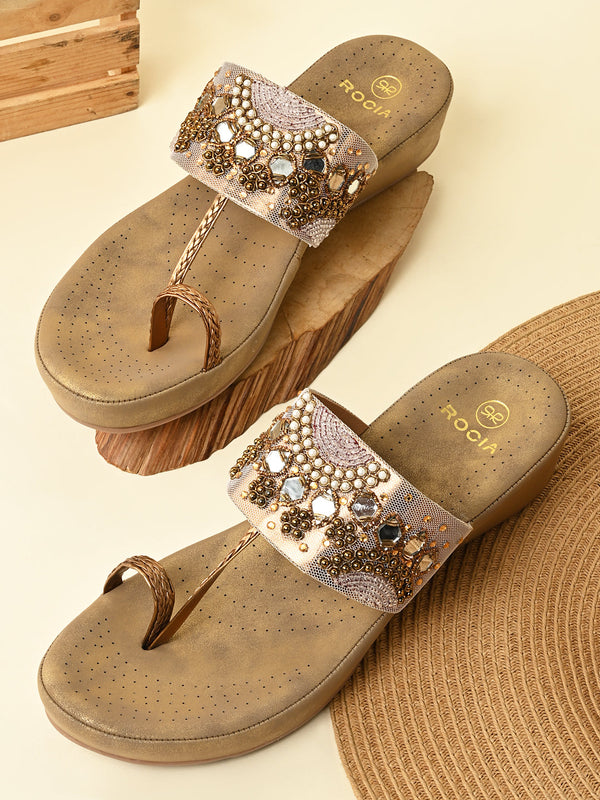 Rocia By Regal Antique Gold Women Embroidered Comfort Flats