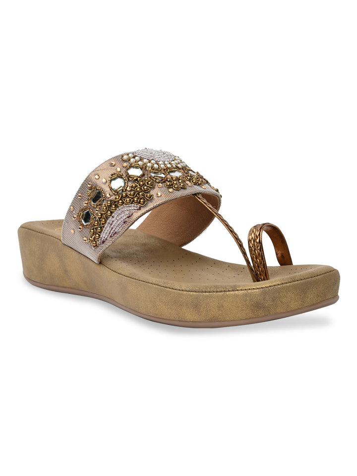 Rocia By Regal Antique Gold Women Embroidered Comfort Flats