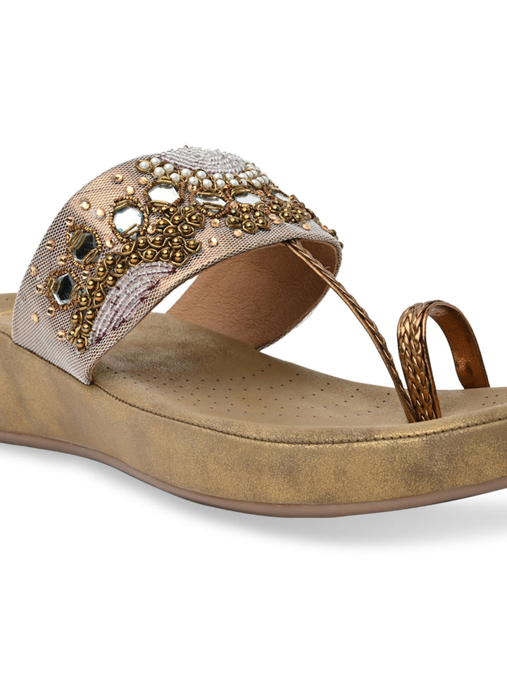 Rocia By Regal Antique Gold Women Embroidered Comfort Flats