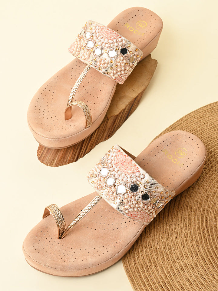 Rocia By Regal Rose Gold Women Embroidered Comfort Flats