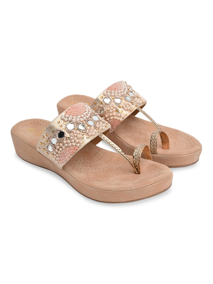 Rocia By Regal Rose Gold Women Embroidered Comfort Flats