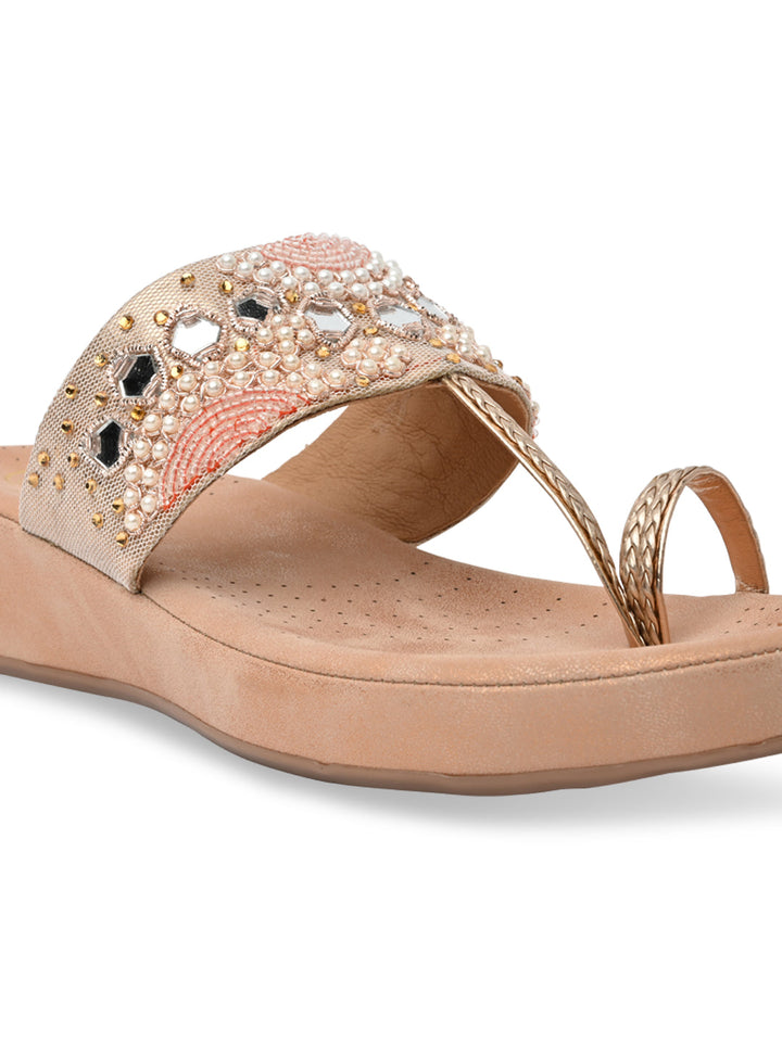 Rocia By Regal Rose Gold Women Embroidered Comfort Flats