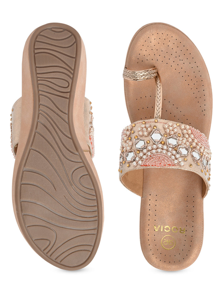 Rocia By Regal Rose Gold Women Embroidered Comfort Flats