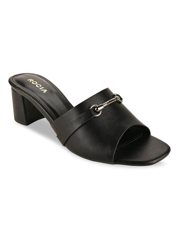 Rocia By Regal Black Women Gold Buckled Block Heels