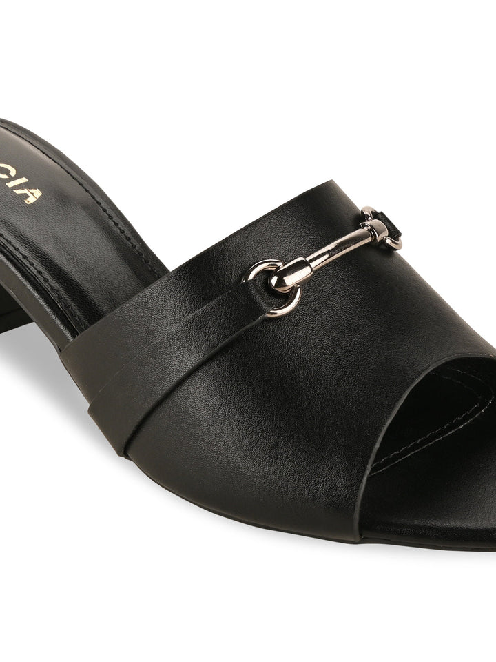 Rocia By Regal Black Women Gold Buckled Block Heels