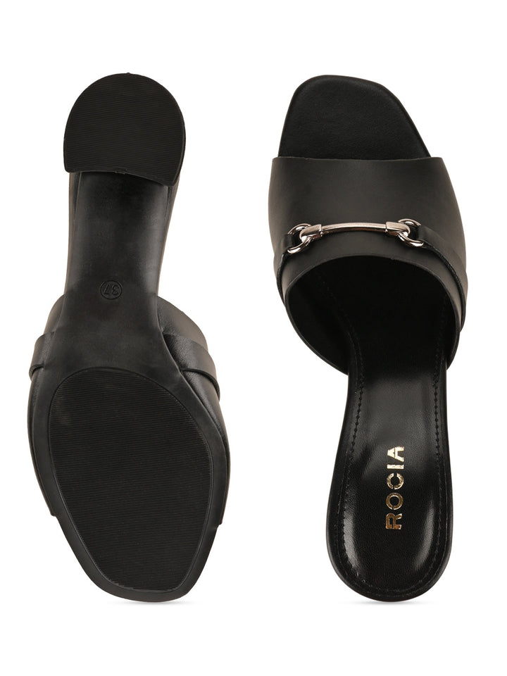 Rocia By Regal Black Women Gold Buckled Block Heels