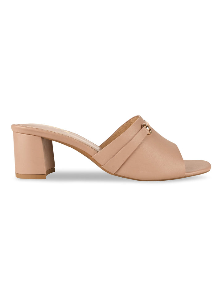 Rocia By Regal Nude Women Gold Buckled Block Heels
