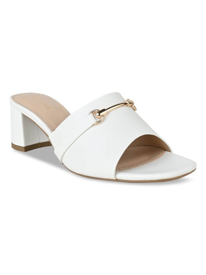 Rocia By Regal White Women Gold Buckled Block Heels