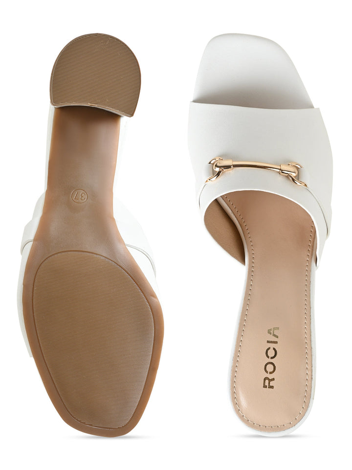 Rocia By Regal White Women Gold Buckled Block Heels