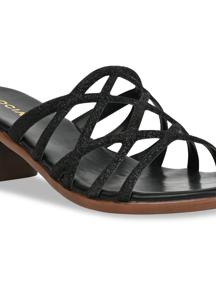 Rocia By Regal Black Women Shiny Strappy Block Heels