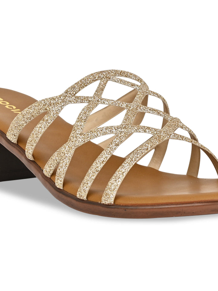 Rocia By Regal Gold Women Shiny Strappy Block Heels