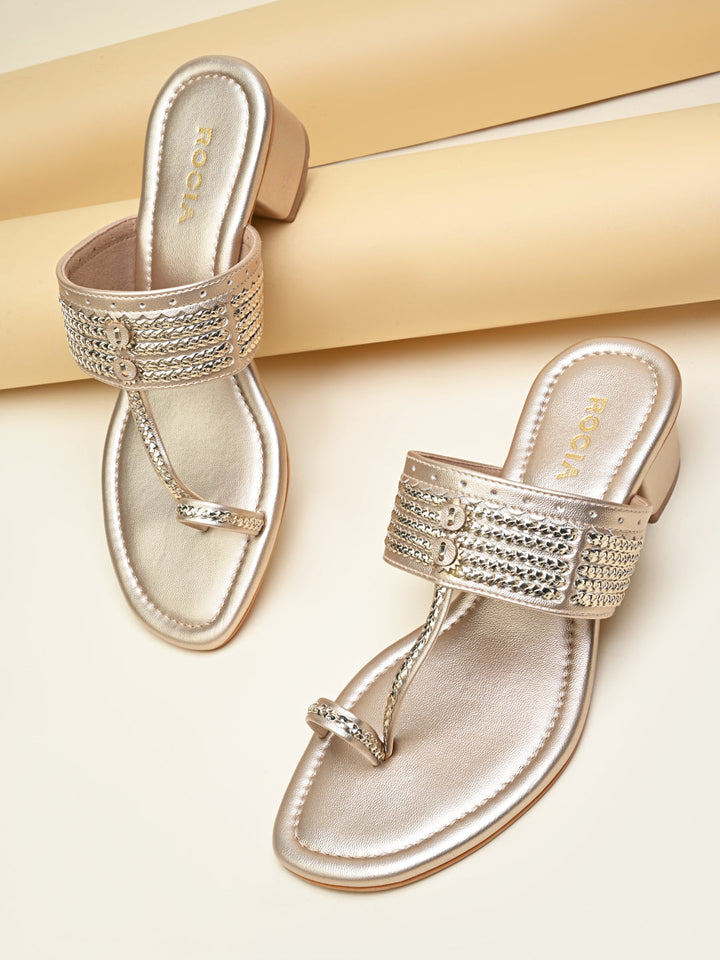 Rocia By Regal Gold Women Kolhapuri Block Heel Sandals