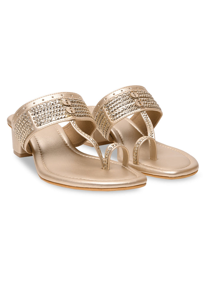 Rocia By Regal Gold Women Kolhapuri Block Heel Sandals