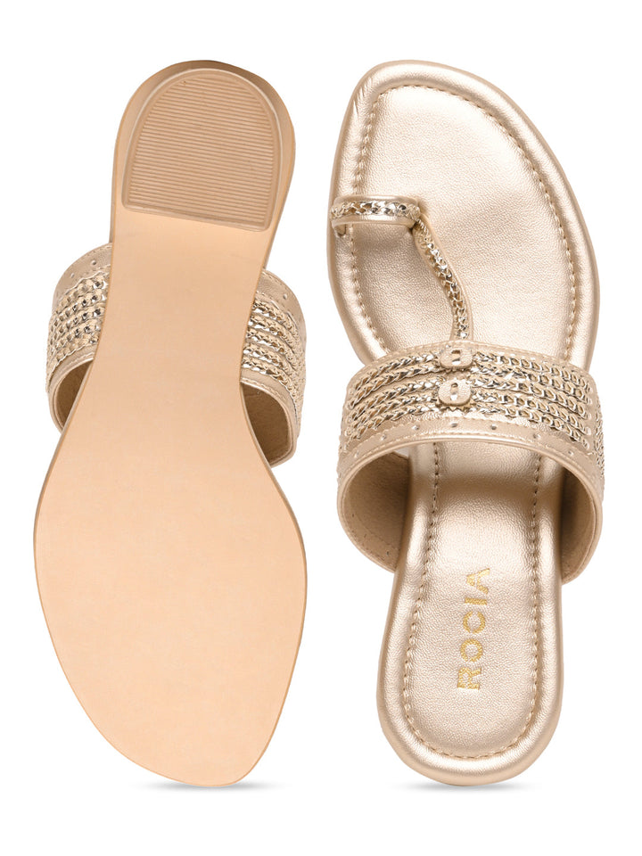 Rocia By Regal Gold Women Kolhapuri Block Heel Sandals