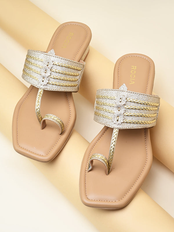 Rocia By Regal Gold Women Shimmer Kolhapuri Block Heels