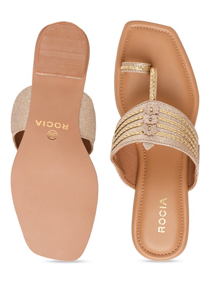 Rocia By Regal Gold Women Shimmer Kolhapuri Block Heels