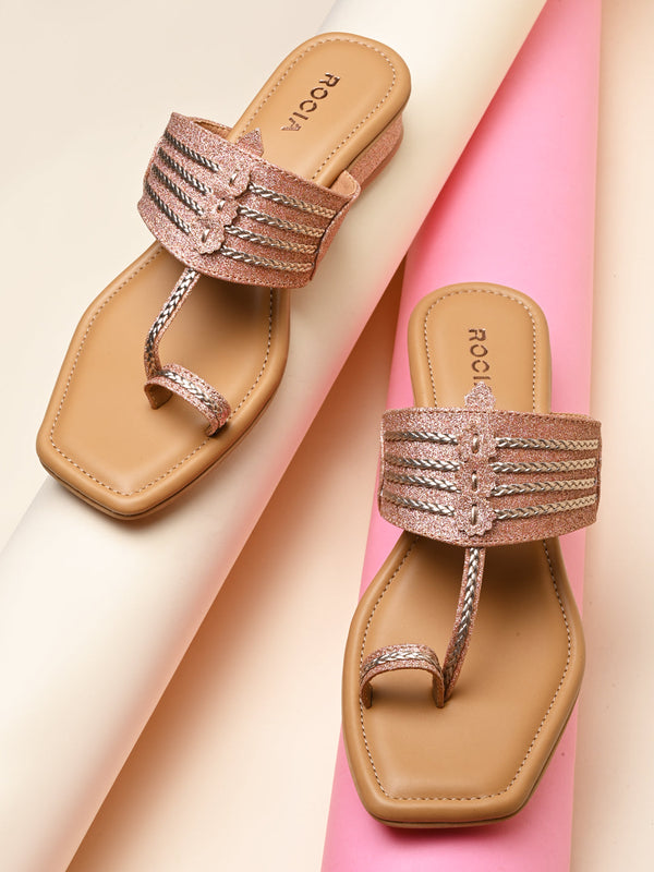 Rocia By Regal Rose Gold Women Shimmer Kolhapuri Block Heels
