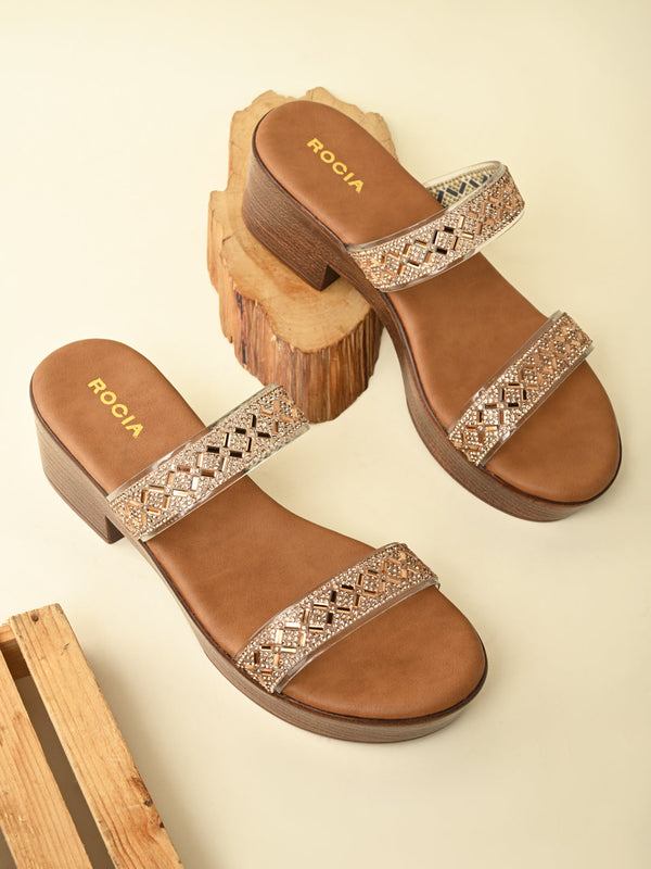 Rocia By Regal Antique Gold Women Vinyl Studded Block Heel Sandals