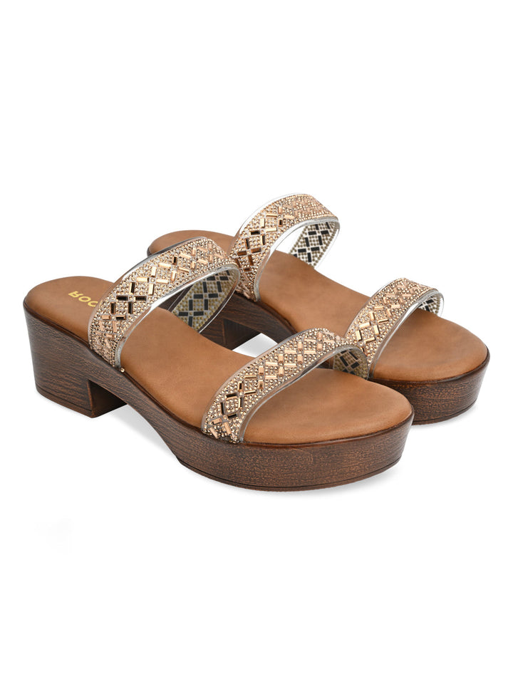 Rocia By Regal Antique Gold Women Vinyl Studded Block Heel Sandals