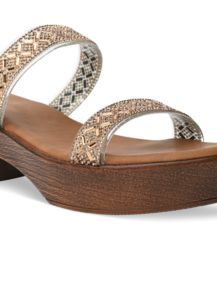 Rocia By Regal Antique Gold Women Vinyl Studded Block Heel Sandals