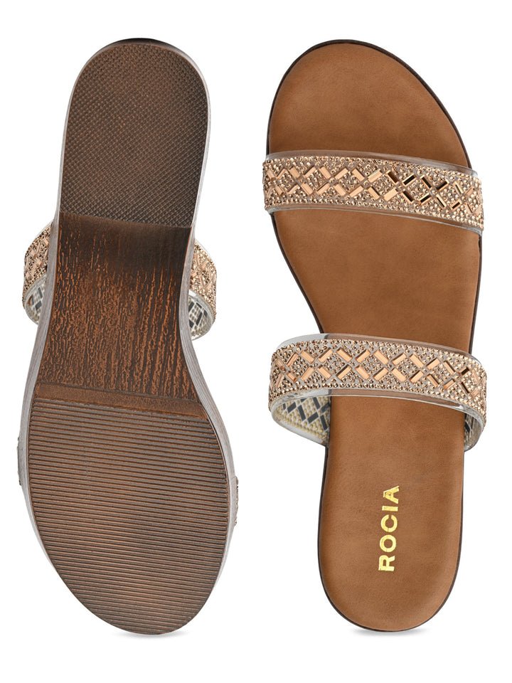 Rocia By Regal Antique Gold Women Vinyl Studded Block Heel Sandals