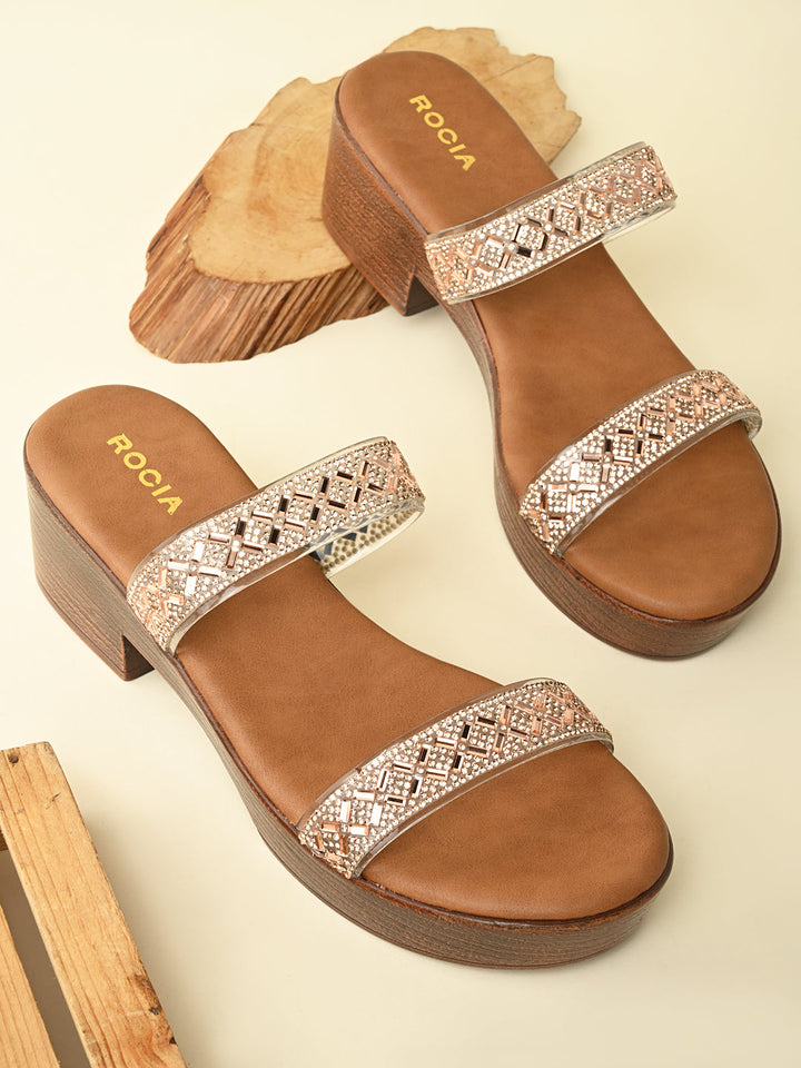 Rocia By Regal Rose Gold Women Vinyl Studded Block Heel Sandals