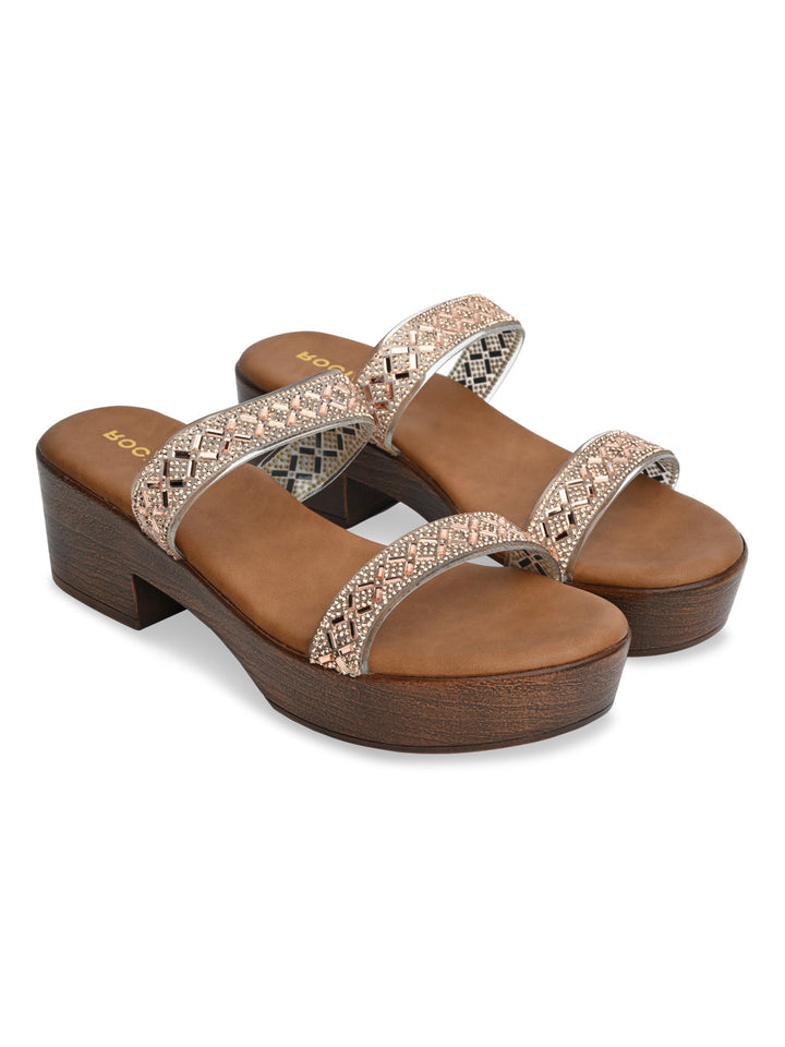 Rocia By Regal Rose Gold Women Vinyl Studded Block Heel Sandals