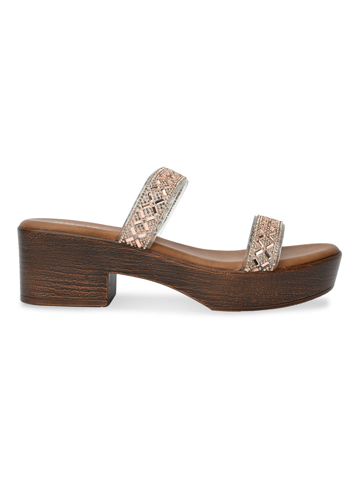 Rocia By Regal Rose Gold Women Vinyl Studded Block Heel Sandals
