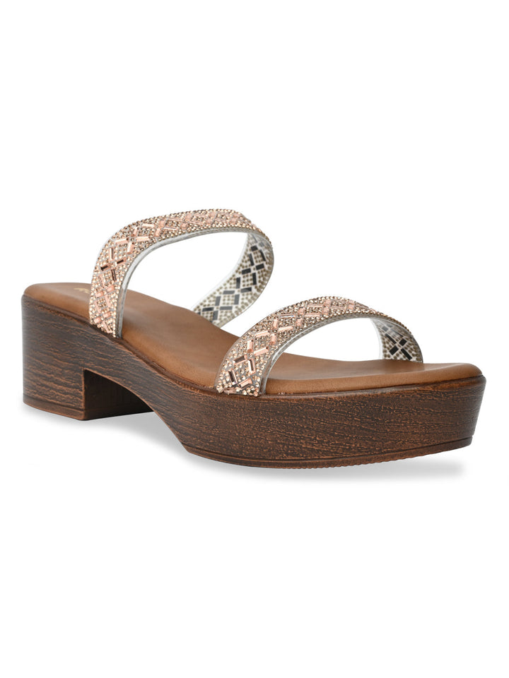 Rocia By Regal Rose Gold Women Vinyl Studded Block Heel Sandals