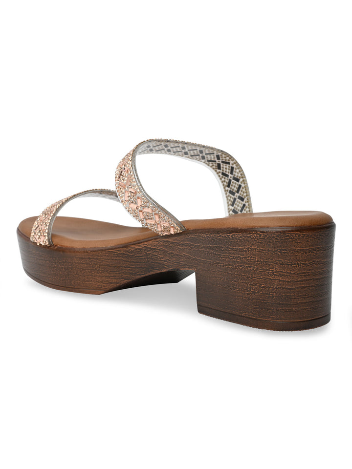 Rocia By Regal Rose Gold Women Vinyl Studded Block Heel Sandals