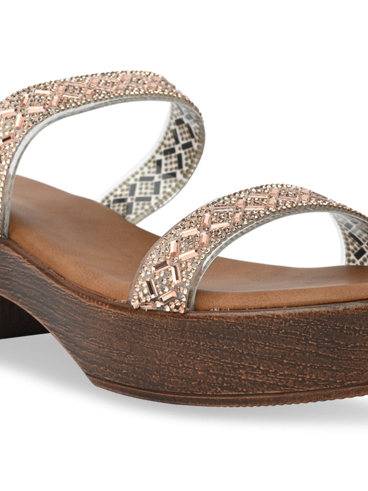 Rocia By Regal Rose Gold Women Vinyl Studded Block Heel Sandals