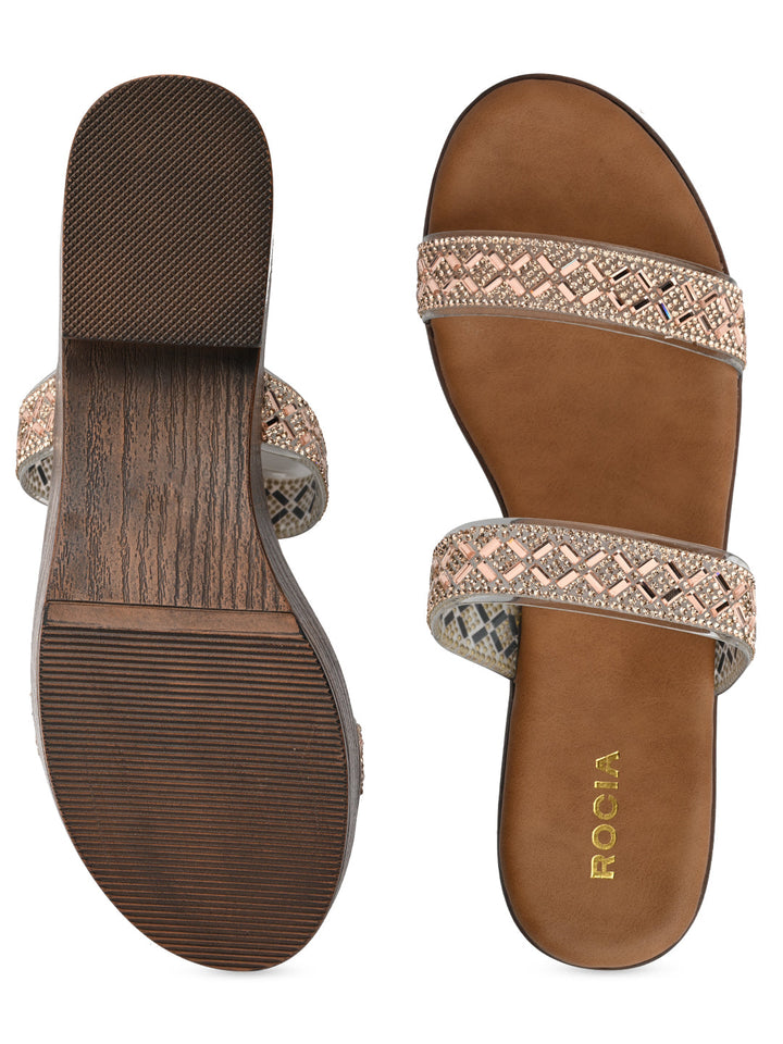 Rocia By Regal Rose Gold Women Vinyl Studded Block Heel Sandals