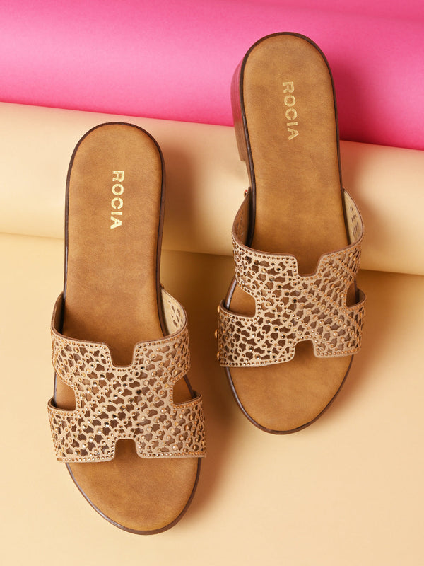 Rocia By Regal Beige Women Diamond Studded Vinyl H Block Heels