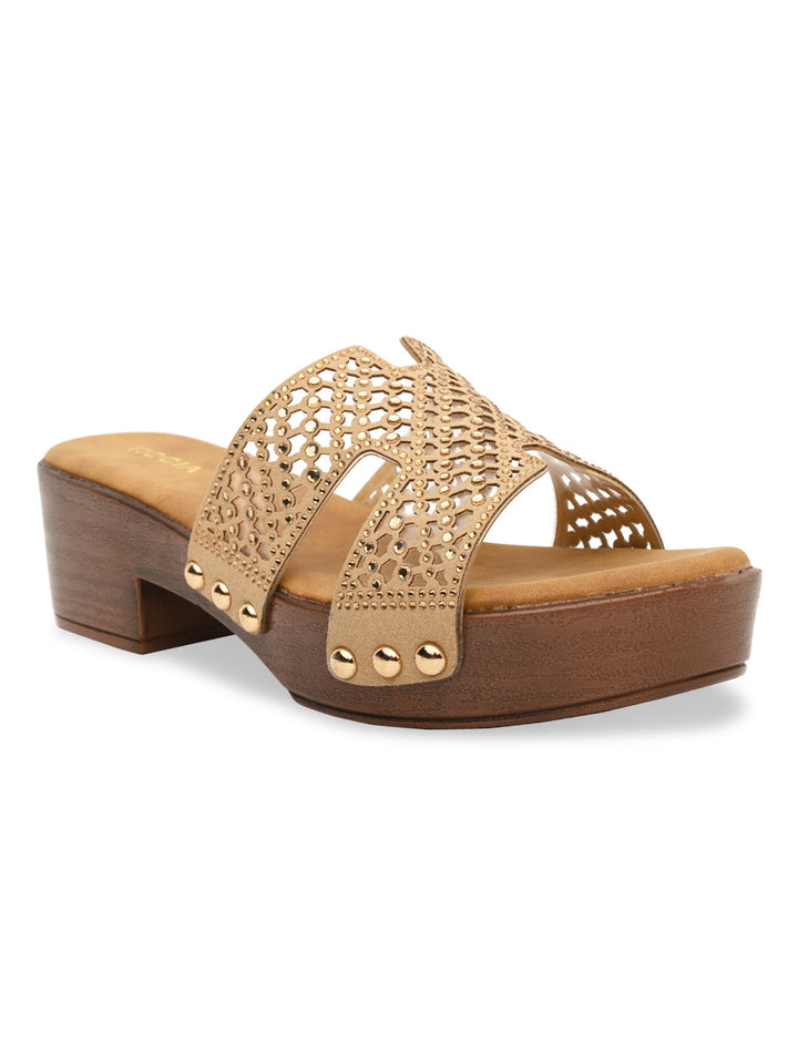 Rocia By Regal Beige Women Diamond Studded Vinyl H Block Heels