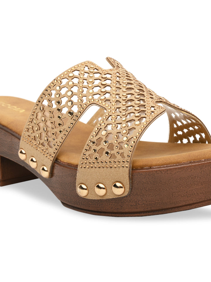 Rocia By Regal Beige Women Diamond Studded Vinyl H Block Heels