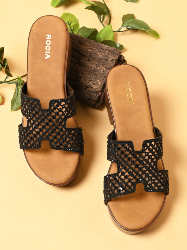 Rocia By Regal Black Women Diamond Studded Vinyl H Block Heels