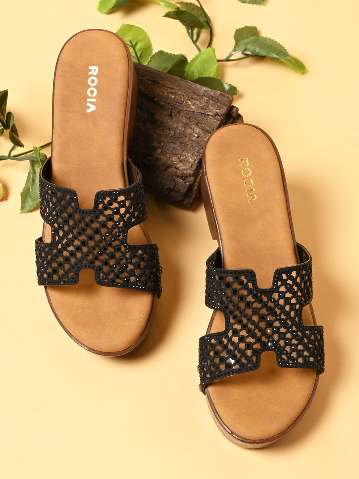 Rocia By Regal Black Women Diamond Studded Vinyl H Block Heels