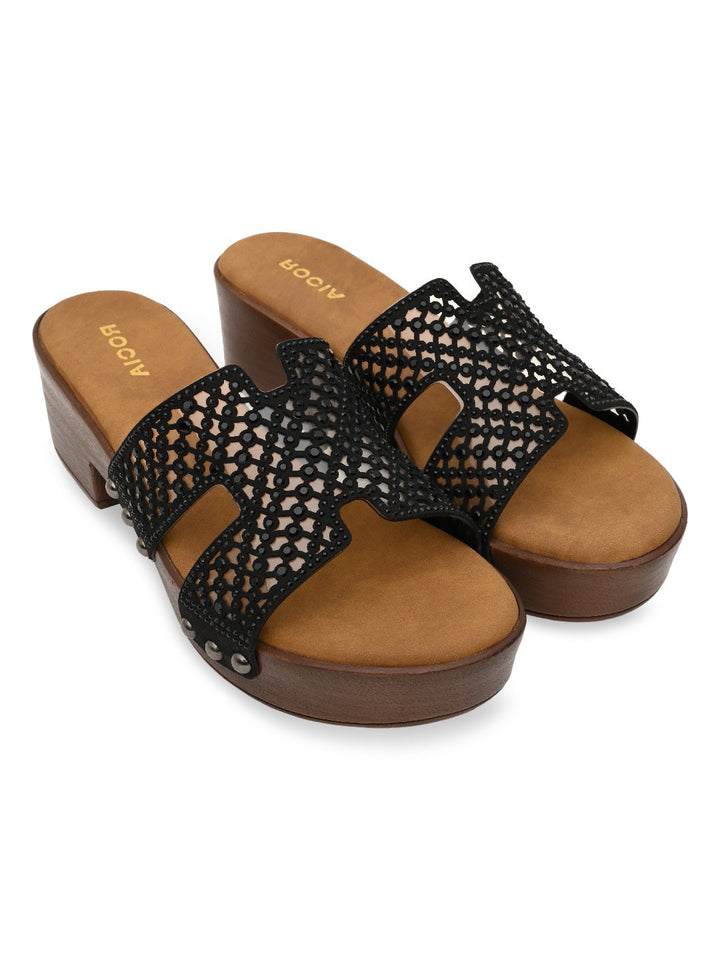 Rocia By Regal Black Women Diamond Studded Vinyl H Block Heels
