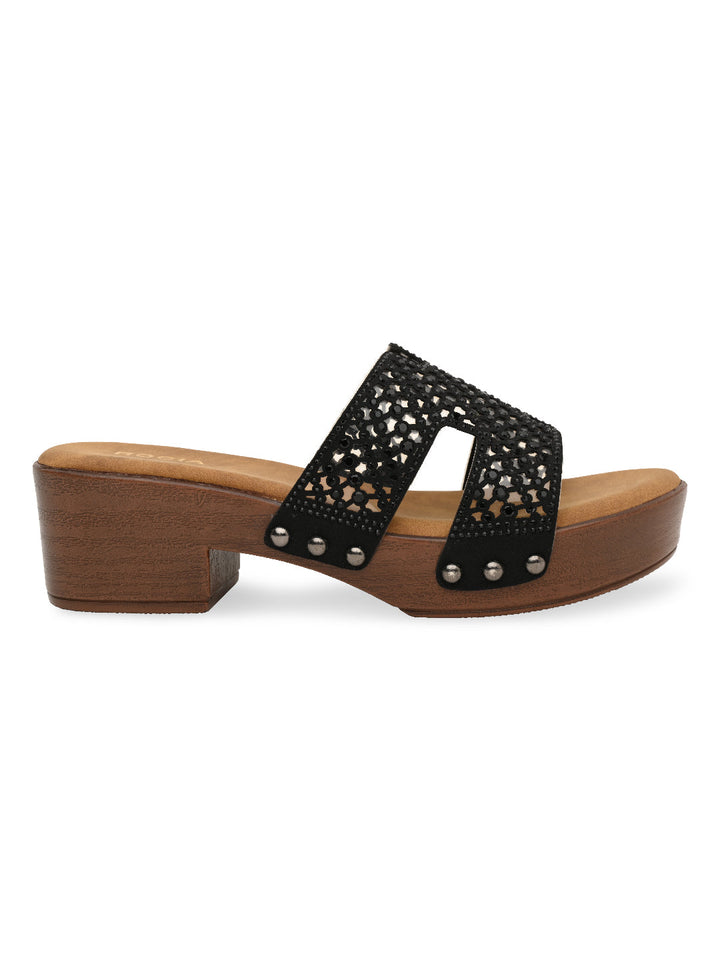 Rocia By Regal Black Women Diamond Studded Vinyl H Block Heels