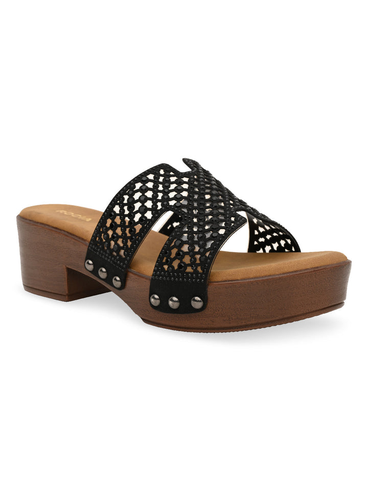 Rocia By Regal Black Women Diamond Studded Vinyl H Block Heels