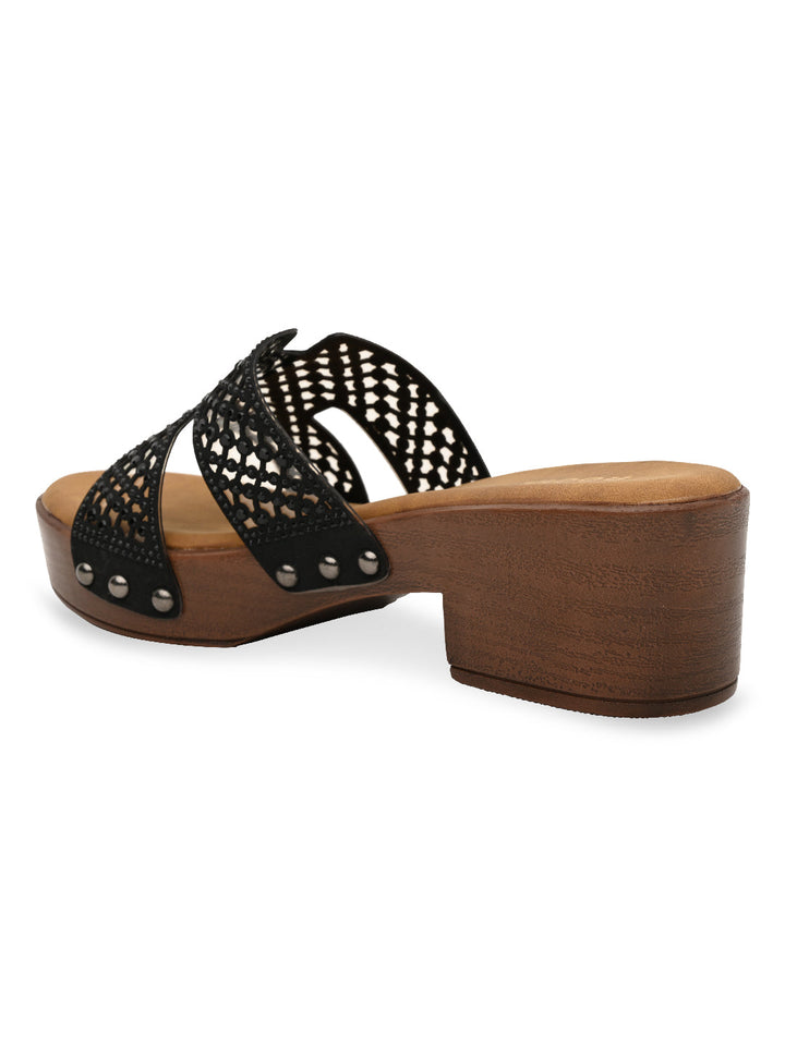 Rocia By Regal Black Women Diamond Studded Vinyl H Block Heels