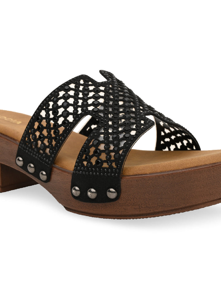 Rocia By Regal Black Women Diamond Studded Vinyl H Block Heels