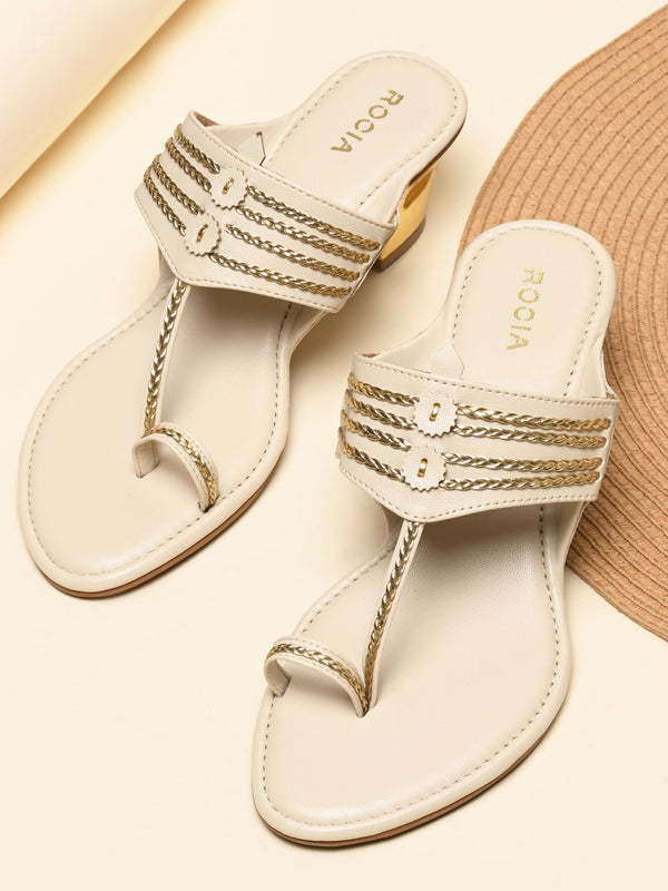 Rocia By Regal Cream Women Stylish Block Heel Kolhapuris