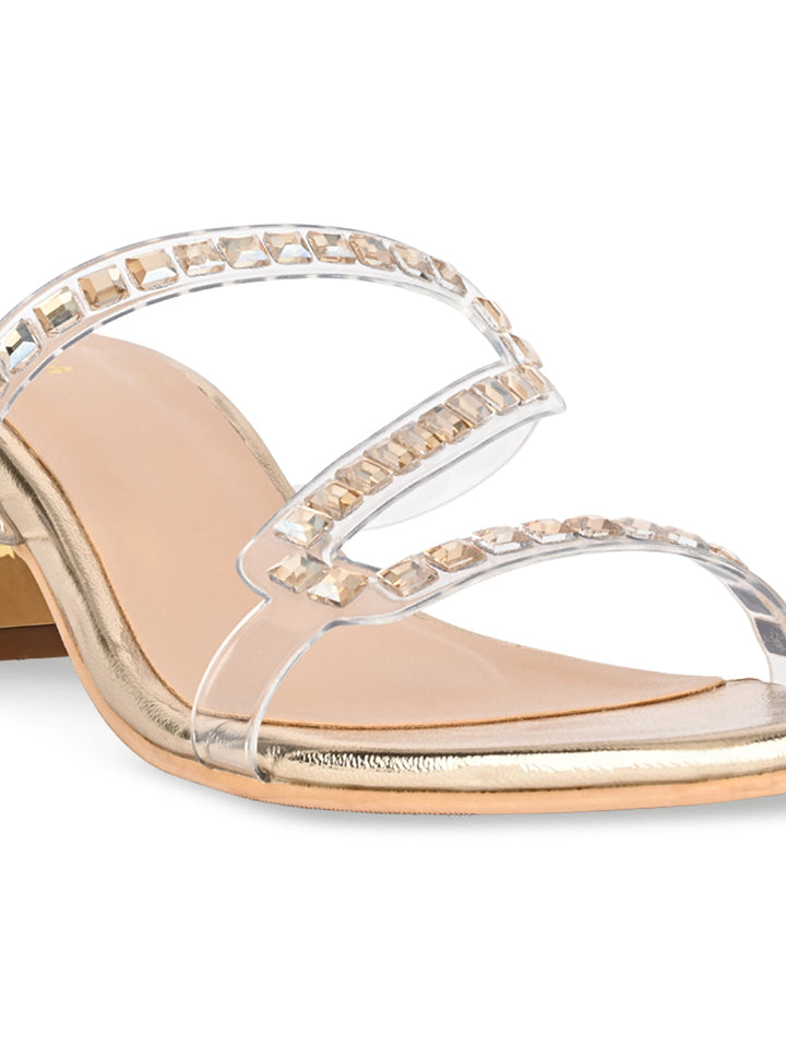 Rocia By Regal Gold Women Diamond Embellished Kitten Heel Sandals