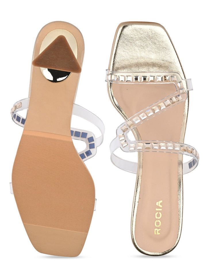 Rocia By Regal Gold Women Diamond Embellished Kitten Heel Sandals