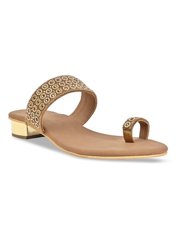 Rocia By Regal Antique Gold Women Diamond Embellished Box Heel Sandals