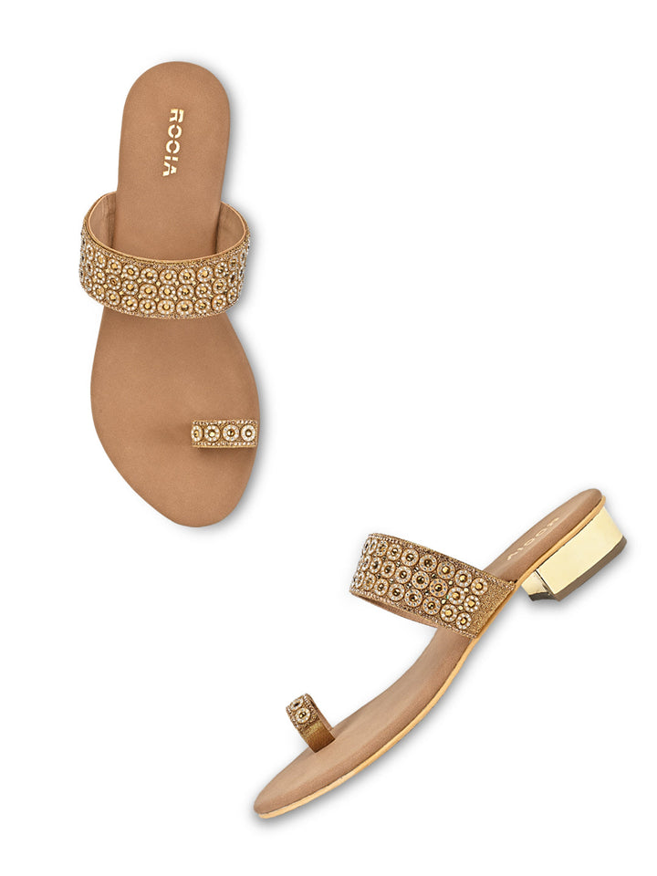 Rocia By Regal Antique Gold Women Diamond Embellished Box Heel Sandals