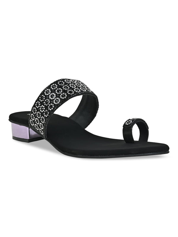Rocia By Regal Black Women Diamond Embellished Box Heel Sandals