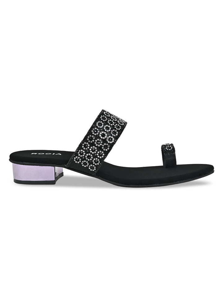 Rocia By Regal Black Women Diamond Embellished Box Heel Sandals