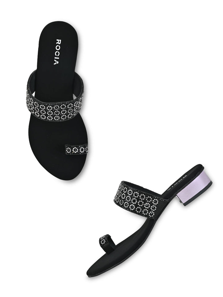 Rocia By Regal Black Women Diamond Embellished Box Heel Sandals